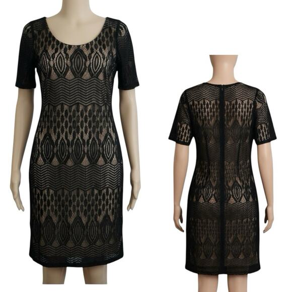 Sharagano Women's Black Lace Overlay Nude Lined Sheath Dress Sz 8 Cocktail Party - Picture 1 of 9